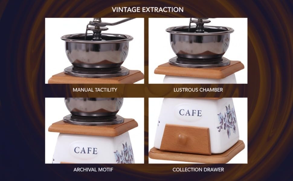 Manual Vintage Ceramic Burr Coffee Grinder with Wooden Base and Drawer, Mini Coffee Grinder with Stainless Steel Bowl, Floral Cafe Pattern, Hand Crank Style for Home Kitchen, Travel, Office - Image 3