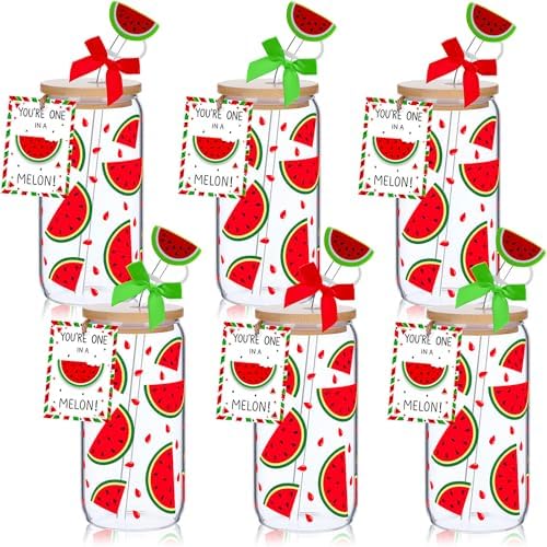 Vesici 6 Set Watermelon Glass Cups 16 oz Summer Drinking Tumbler with Lid Straw and Stopper Can Shaped Beer Iced Coffee Cup Appreciation Gifts with Cards and Bow for Summer Party Favor Decorations by Vesici