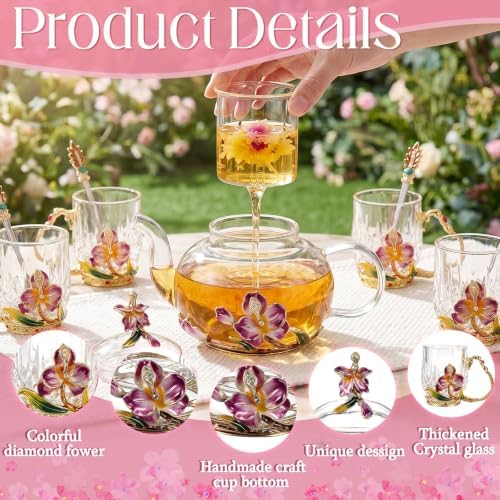 Maxdot 5 Pcs Floral Glass Tea Set, 14 oz Moth Orchid Teapot with Infuser - Image 3