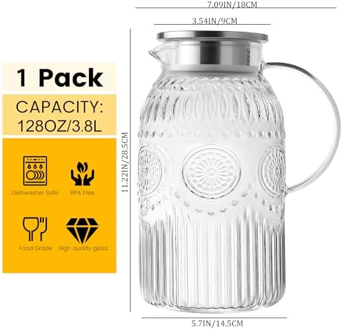 Bandesun Vintage Glass Pitcher with Lid, 128oz/ 1 Gallon Water Pitcher with Handle for Fridge Heat Resistant Borosilicate Water Jug, Carafe for Hot/Cold Coffee, Tea,Beverage 1Pack - Image 3