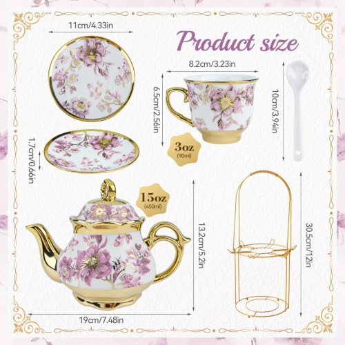 20Pcs Porcelain Tea Set with Metal Holder and Spoon, Floral Adult Tea Sets with Teapot Cups Saucers, European Ceramic Tea Parties Set for Women （Large） (Purple) - Image 3