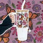 Sip-Sip Hooray! Monarch Butterfly 40oz Glass Tumbler with Lid and Straw - Image 3