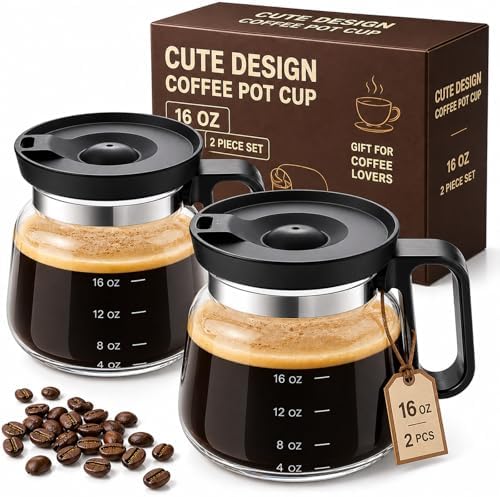 2PCS Mini Coffee Pot Mug,16 Oz Glass Travel Cup Maker Looks like Pot with Spill Proof Lid, Funny Novelty Small Unique Shaped Cool Clear Home Office Gifts for Hot Teas, No Ceramic by Unknown