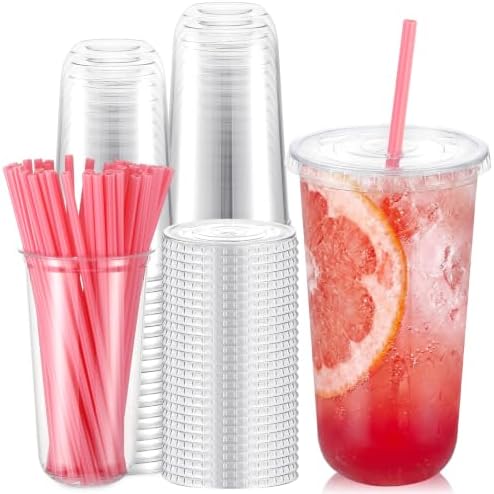 Ziliny 50 Sets 20 oz Clear Plastic Cups with Heart Shaped Straws and Lids by Ziliny