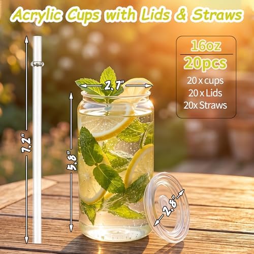 16oz Acrylic Tumblers Cups with Lids and Straws, 20 Pack Plastic Mason Jars Iced Coffee Drinking Glasses for Park Picnic, Poolside, Party Giveaways, Clear - Image 2