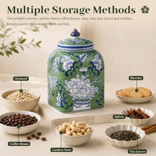 Ceramic Tea Canister with Airtight Lid, 10" H Kitchen Decor Jar for Loose Leaf Tea & Coffee Bean Storage, Hand-painted Chinoiserie Ginger Jars for Home Decor, 121 fl oz - Green Peony - Image 5