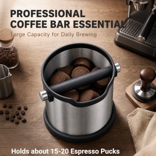 Espresso Coffee Knock Box, Large Stainless Steel Coffee Knock Box with Cleaning Brush for Home Coffee Bar, Non-Slip Base Easy Clean Removable Knock Bar (Silver) - Image 4