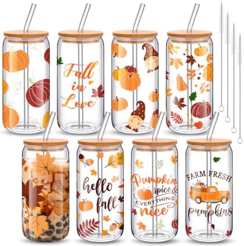 Umigy 8 Pcs 16oz Fall Thanksgiving Ice Coffee Cup with Lids & Glass Straw by Umigy