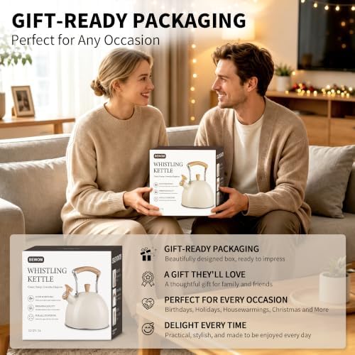 Tea Kettle for Stove Top, 3.2 Quart / 3 Liter Whistling Tea Kettle, Stainless Steel Tea Pot with Wood Pattern Folding Handle, Beige - Image 6