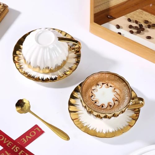 Gold Rimmed Ceramic Coffee Mug with Saucer Cappuccino Mug, 6 oz, for Coffee, Latte, Tea, Set of 6 (gold, Medium) - Image 7