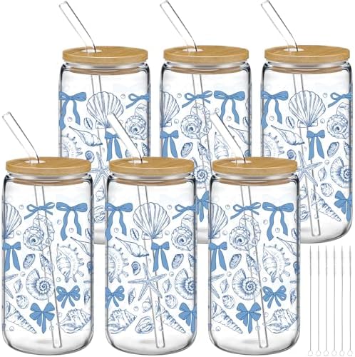 Skylety 6 Set Ocean Glass Cups Coastal Beach Cup with Straws Lids, 16 oz by Skylety