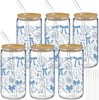 Skylety 6 Set Ocean Glass Cups Coastal Beach Cup with Straws Lids, 16 oz by Skylety