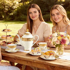 Luxury White & Gold Embossed Tea Cups and Saucers with Teapot, Sugar Bowl, & &Creamer, Vintage European Porcelain Coffee Set for Tea Party, Wedding, Gift (Gold Lace, 17pcs/set) - Image 4