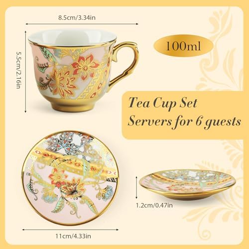 Tea Cups and Saucers Set of 6, Porcelain Vintage Floral Tea Set for Espresso, Coffee, Mocha, Cappuccino, Women Afternoon Tea Party (Orange) - Image 2