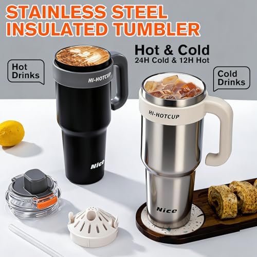 (Silver-316stainless steel inner+ Handle+independent tea utensil+3 drinking mode) 40oz Insulated Tumbler with Handle, 316 Stainless Steel Vacuum Travel Mug for Car Office Gym Outdoor - Image 7