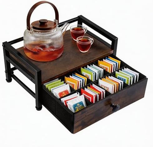 Tea Bag Organizer, Tea Bag Storage Box, 8-bin tea bag shelf with fabric drawer, dustproof tea set organizer and storage station for kitchen, coffee bar, and office, vintage brown by Unknown
