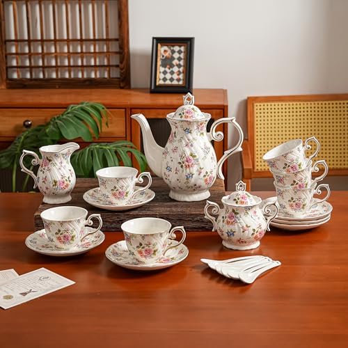 Agyiuns Tea Set 21Pcs ceramic 6 tea cups and saucers, sugar and creamer set,Teapot for Adults,Tea Party (small crushed flower) - Image 3