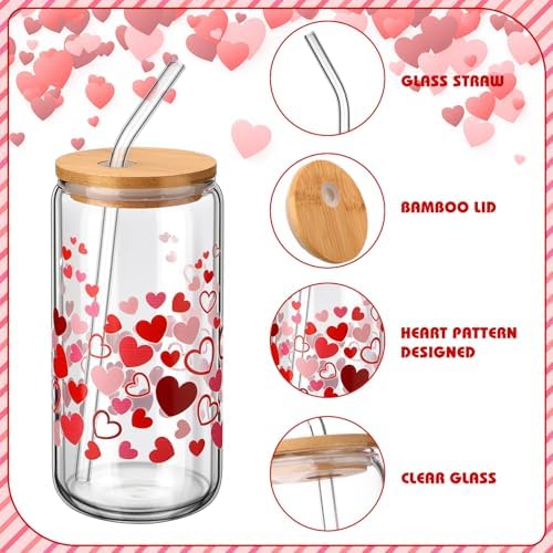 SiliFine 6 Pcs Valentine Heart Glass Cups, 16 oz with Lids and Straws - Image 4