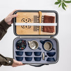 14-Piece Portable Ceramic Travel Tea Set - Chinese Kung Fu Tea Kit with Bamboo Tray & Leather Carry Bag (Blue) for Home/Office/Camping/Gifting - Image 3