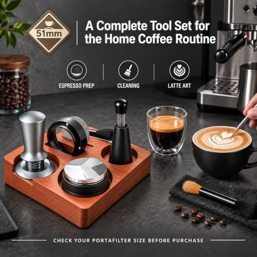 51mm Espresso Accessories Kit, 8PCS Coffee Tamper Set with Wooden Station, WDT Tool, Distributor, Puck Screen, Dosing Funnel, Brush & Latte Art Pen Complete for 51mm Portafilter Home Barista - Image 7
