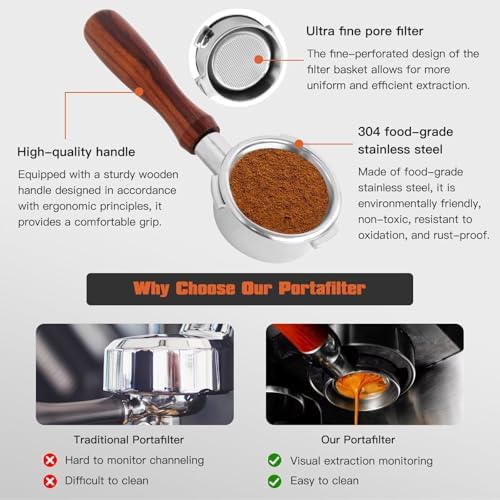 58mm bottomless portafilter with 3 Ears Compatible for CASABREWS/Gevi 58mm Espresso Machines | with Stainless Steel Filter Basket and Wooden Handle - Image 5