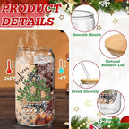 6 Set Christmas Glasses Cups with Bamboo Lid and Glass Straw 16 oz Vintage Christmas Drinking Cup Santa Gingerbread Beer Iced Coffee Cup Xmas Tumbler Mugs for Women Men Holiday Party Gifts - Image 3