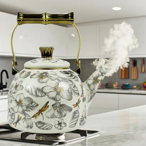 Vintage Enamel Tea Kettle, Dragonfly Floral Pattern Stovetop Teapot with Gold Handle, 2.5L Enamel Kettle Kitchen Decor, Ideal Gift for Housewarming Camping Coffee Pot - Image 5