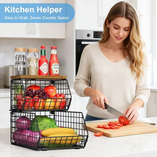 Potato and Onion Storage Bin with Wooden Top, 2-Tier Stackable Wire Basket - Image 2