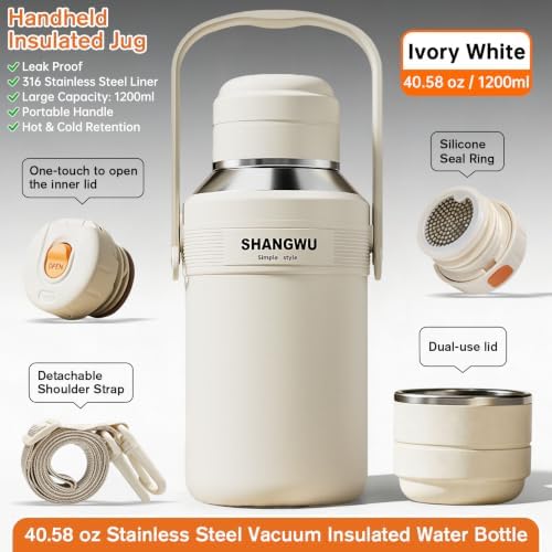 SHANGWU 40OZ Large Insulated Tumbler, 316 Food Grade Stainless Steel Vacuum Travel Cup, 24H Hot Cold for Camping Sports Outdoor (Ivory White-40OZ 316 Stainless Steel Vacuum Insulated Water Bottle) - Image 3