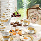 Luxury White & Gold Embossed Tea Cups and Saucers with Teapot, Sugar Bowl, & &Creamer, Vintage European Porcelain Coffee Set for Tea Party, Wedding, Gift (Gold Lace, 17pcs/set) by Unknown