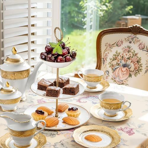 Luxury White & Gold Embossed Tea Cups and Saucers with Teapot, Sugar Bowl, & &Creamer, Vintage European Porcelain Coffee Set for Tea Party, Wedding, Gift (Gold Lace, 17pcs/set) by Unknown