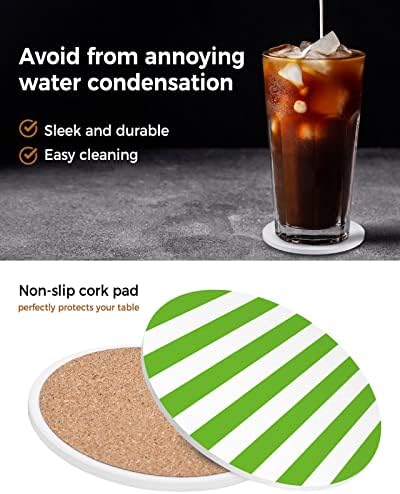 Coasters for Drinks Set of 8 with Holder, Green and White Stripes Ceramic Cup Mat, Absorbent Ceramic Stone Coasters with Cork Base for Coffee, Cups, Wooden Table, Home Decor 4 Inch - Image 5