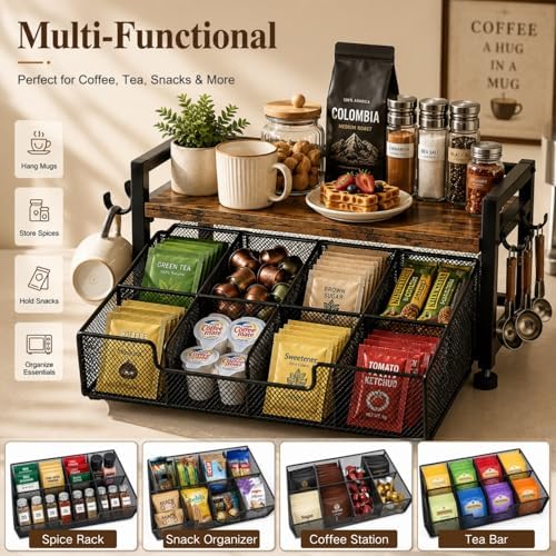 Tea Bag Organizer, Tea Bag Organizer Drawer, Wood Tea Organizers and Storage Chest Teabag Holder with Storage Drawer,Rustic Brown for Countertop Kitchen, Office - Image 3