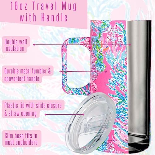 Lilly Pulitzer 16 Oz Travel Mug with Handle and Lid, Stainless Steel Insulated Coffee Tumbler, Double Wall Metal Cup, Seaing Things - Image 3