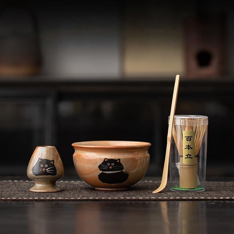 Matcha Whisk Set -4 Piece Ceremony Matcha Set with Matcha Whisk,Bamboo Matcha Scoop, Whisk Holder,Ceramic Matcha Bowl,Cat Design Matcha Tea Ceremony fit for Traditional Japanese Tea Ceremony (Cat A) by ZUHSA