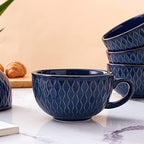 Coffeezone Set of 6 Cups Vintage Design 12 oz Professional Barista Ceramic Latte Art Cappuccino Cups Set (Embossed Blue * 6) - Image 6