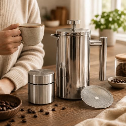 QNA French Press Coffee Maker Set, 20oz 304 Stainless Steel - Image 4