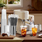 tchrules 100 Set 18oz Clear Round Bottom Plastic Cups with Lids and Straws - Image 6