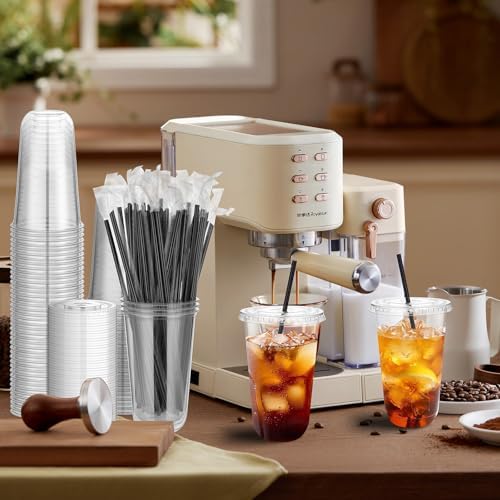 tchrules 100 Set 18oz Clear Round Bottom Plastic Cups with Lids and Straws - Image 6