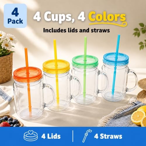 Plastic Mason Jars with Handles, Lids and Straws | 20 oz Double Insulated Tumbler with Straw | 4 Pack Set of 4 | Wide Mouth Mason Jar Mugs | Cups for Kids and Adults… - Image 4