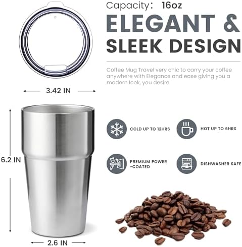 MEWAY 16oz Tumbler Double Wall Vacuum Insulated Travel Mug Bulk, Stainless Steel Tumblers with Lid, Powder Coated Coffee Cups for Cold & Hot Drinks (Silver,12 Pack) - Image 2