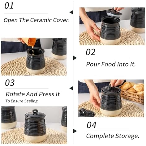 Ceramic Food Storage Jars,25 Oz Porcelain Kitchen Canisters with Airtight Lids Set of 3,Flour Containers for Countertop,Farmhouse Decor Serving Ground Coffee,Tea,Sugar,Pasta and Rice,Black＆White - Image 7
