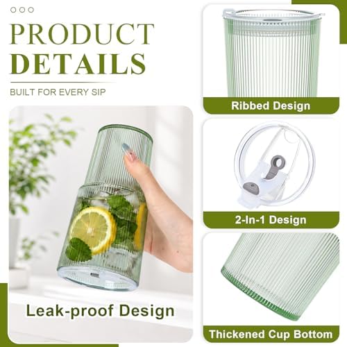 6 Pcs 20oz Plastic Ribbed Tumblers with Lid and Straws Green Plastic Reusable Iced Coffee Cups with Lid Unbreakable Vintage Ribbed Drinking Glasses Tumbler for Juice Smoothie Beverage with Clean Brush - Image 3