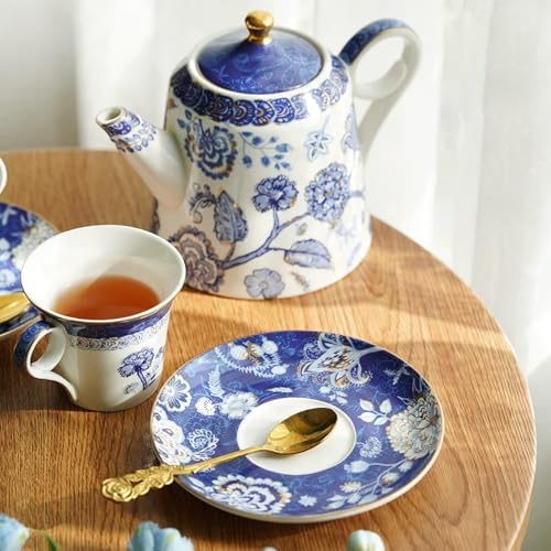 Bone China Tea Set for Adults, 13-Piece Blue and White Porcelain Tea Set for 4, Vintage Floral Tea Set With Teapot and Teaspoons, Tea Party Sets for Women Gift (Blue B) - Image 3