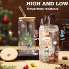 Teenyyou 12 Sets of Christmas Glasses Cups with Bamboo Lid and Glass Straw 16 oz Christmas Stripes Glass Jar Winter Drinking Cups Santa Snowman Elk Coffee Cup for Women Men Xmas Holiday Party Gifts - Image 4