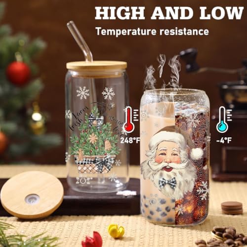 Teenyyou 12 Sets of Christmas Glasses Cups with Bamboo Lid and Glass Straw 16 oz Christmas Stripes Glass Jar Winter Drinking Cups Santa Snowman Elk Coffee Cup for Women Men Xmas Holiday Party Gifts - Image 4