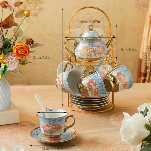 20Pcs Porcelain Tea Set for Adults, European Ceramic Tea Set Flower Ceramic Tea Cups, Teapot, & Saucers with Metal Holder for Women Tea Party (Blue) - Image 3