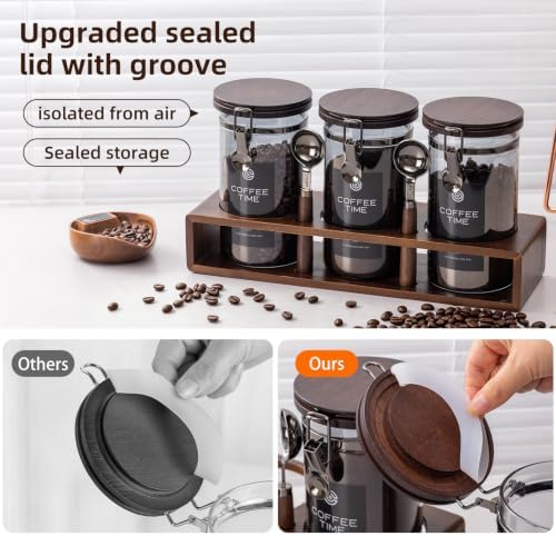 3×45oz UV Blocking Glass Coffee Storage Canisters with Wooden Organizer Rack, Airtight Jars with Black Clasp Lids, 2 Scoops for Dry Food & Coffee - Image 3