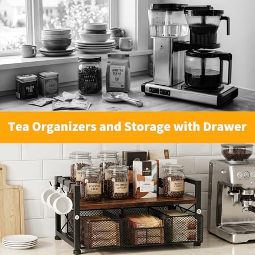 Tea Bag Coffee Bar Organizer,Teabag Holder & Coffee Station with Storage Drawer,Wood Tea Station Chest Display Container Box for Countertop Kitchen (Rustic Brown) - Image 3