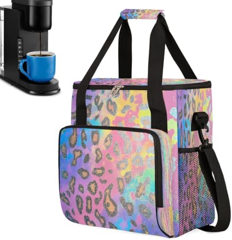 Gold Pink Leopard Print Coffee Maker Carring Bag Travel Carrying Storage Tote Bag Compatible with Keurig K-Mini or K-Mini Plus Portable Single Serve Coffee Brewer Case with Pockets for K-cup Pods by CFERSAN